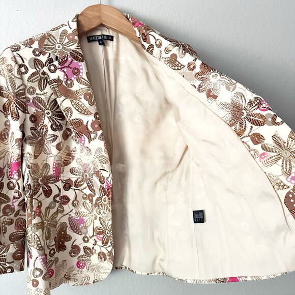 Lafayette 148 New York Tan Gold Metallic Pink Floral Short Blazer Women’s Size 6 - Picture 8 of 14